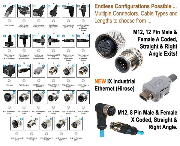 Endless Configurations Possible ... Multiple Connectors, Cable Types and Lengths to choose from ... M12, 12 Pin Male & Female A Coded, Straight & Right Angle Exits! NEW IX Industrial Ethernet (Hirose). M12, 8 Pin Male & Female X Coded, Straight & Right Angle.